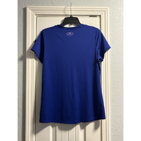 Under Armour Dri-Fit Shirt Large Blue Pink Logo V-Neck Short Sleeve Active Gym - Picture 4 of 4